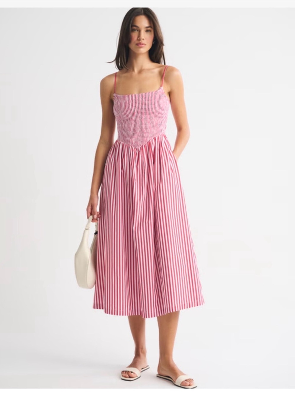 Pink Striped Smocked Midi Dress
